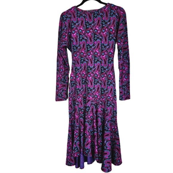 Vintage '70s Long Sleeve Purple Paisley Crew Neck Drop Waist Knit Midi Dress 4 - Picture 2 of 9